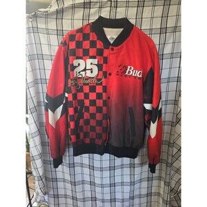 Vintage Ken Schrader Budweiser‎ NASCAR Jacket Mens XL Red Black Checkered 25 90s